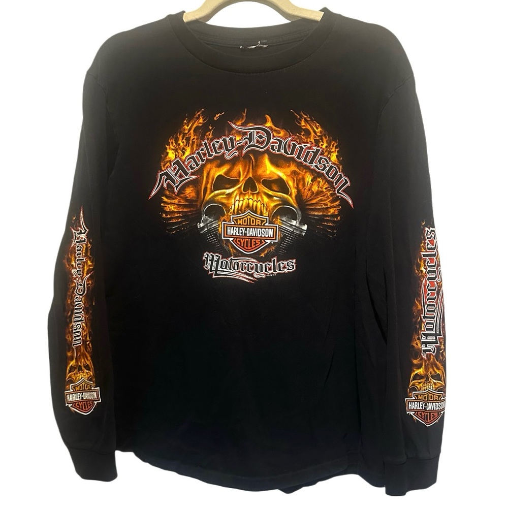 Harley Davidson 90s black skull flame long sleeve cotton tshirt L bikercore